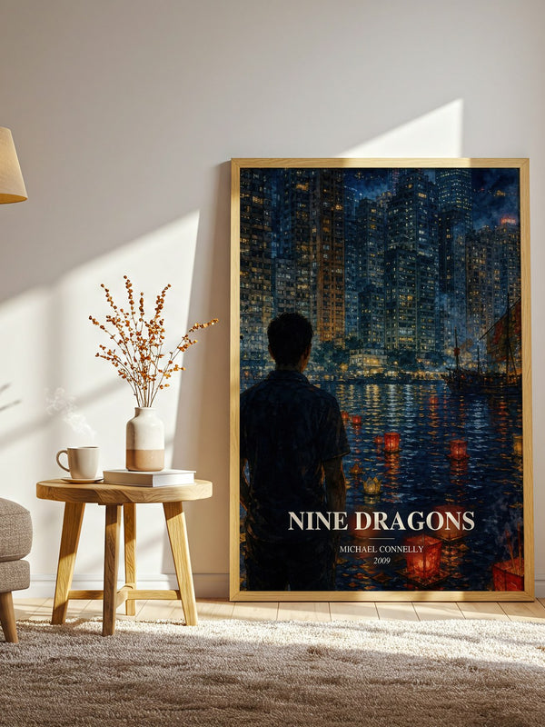 Nine Dragons watercolour print in frame leaning in hallway – crime wall art