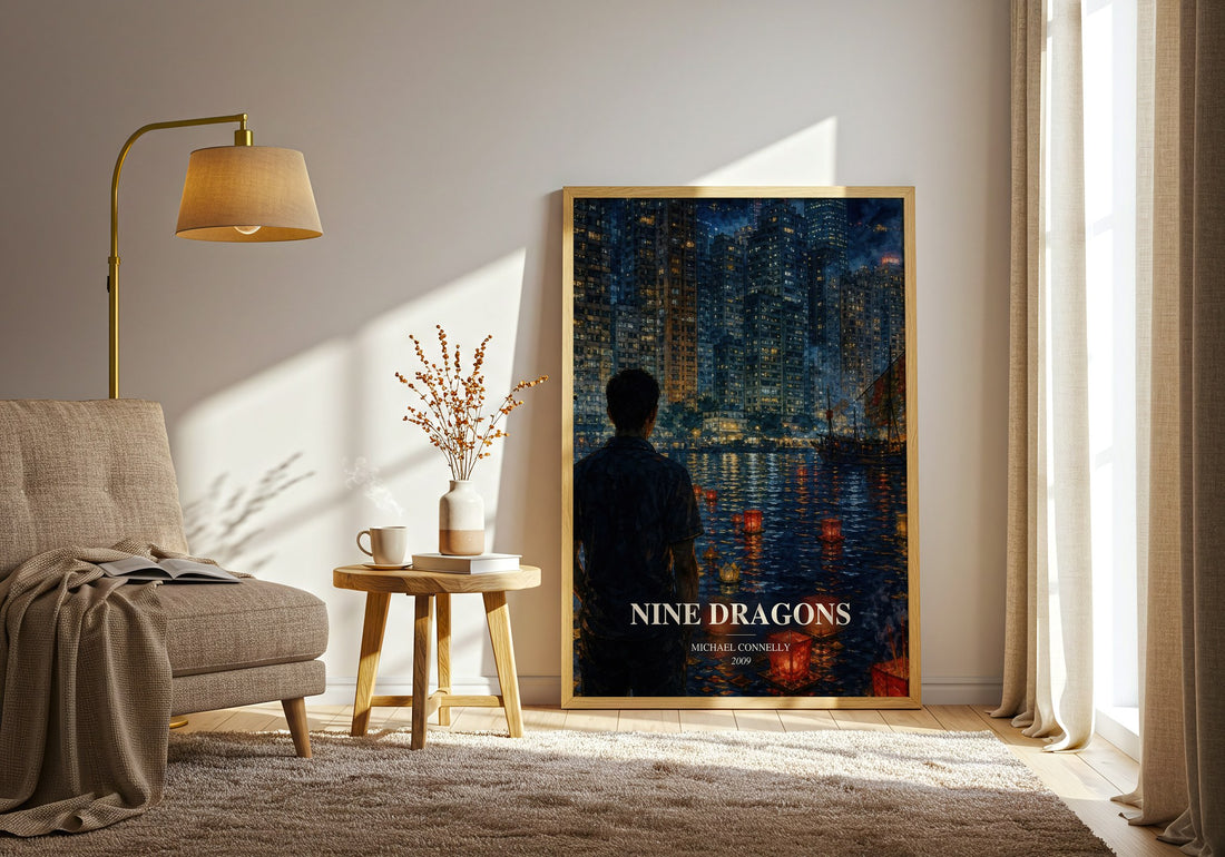 Nine Dragons watercolour print in frame leaning in hallway – crime wall art (mockup)