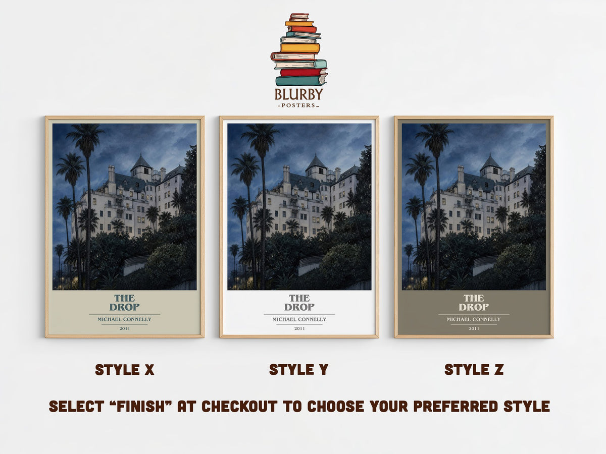 The Drop book cover print in frame leaning in hallway – crime wall art (mockup)