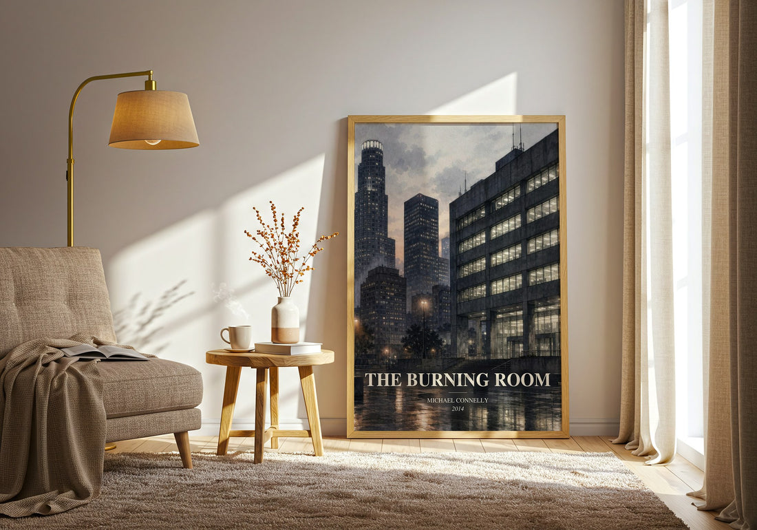 The Burning Room watercolour print in frame leaning in hallway – crime wall art (mockup)