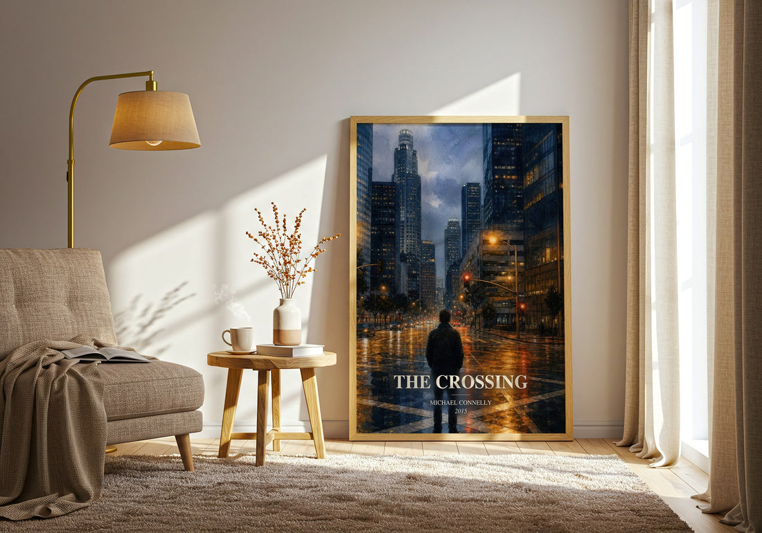 The Crossing watercolour print in frame leaning in hallway – crime wall art (mockup)