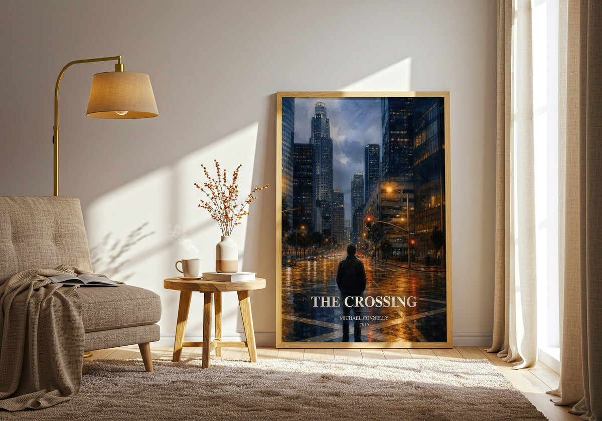 The Crossing watercolour print in frame leaning in hallway – crime wall art (mockup)