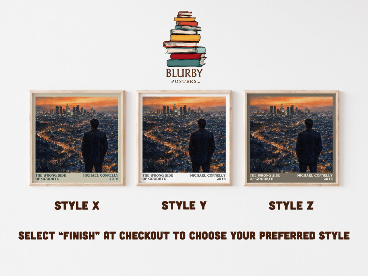 The Wrong Side of Goodbye literary print in frame leaning in hallway – crime wall art (mockup)