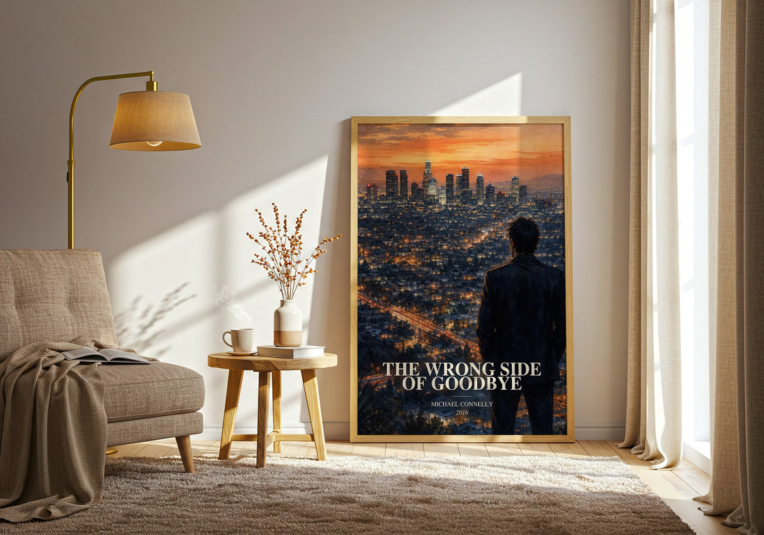 The Wrong Side of Goodbye watercolour print in frame leaning in hallway – crime wall art (mockup)
