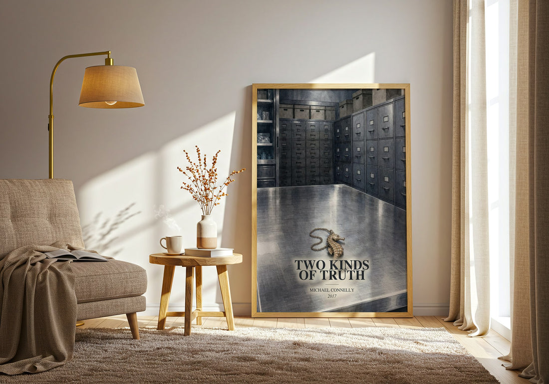 Two Kinds of Truth watercolour print in frame leaning in hallway – crime wall art (mockup)