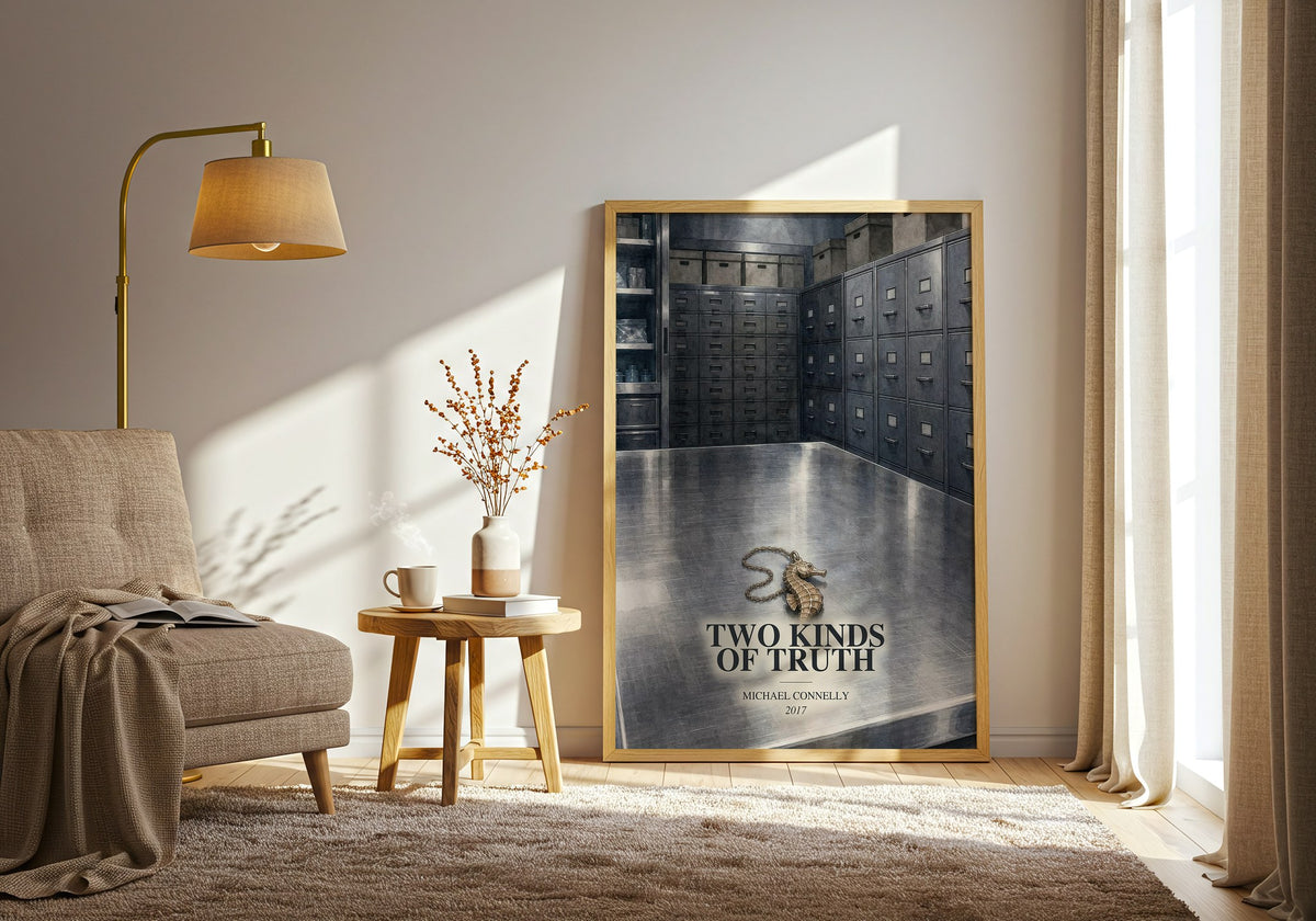 Two Kinds of Truth watercolour print in frame leaning in hallway – crime wall art (mockup)