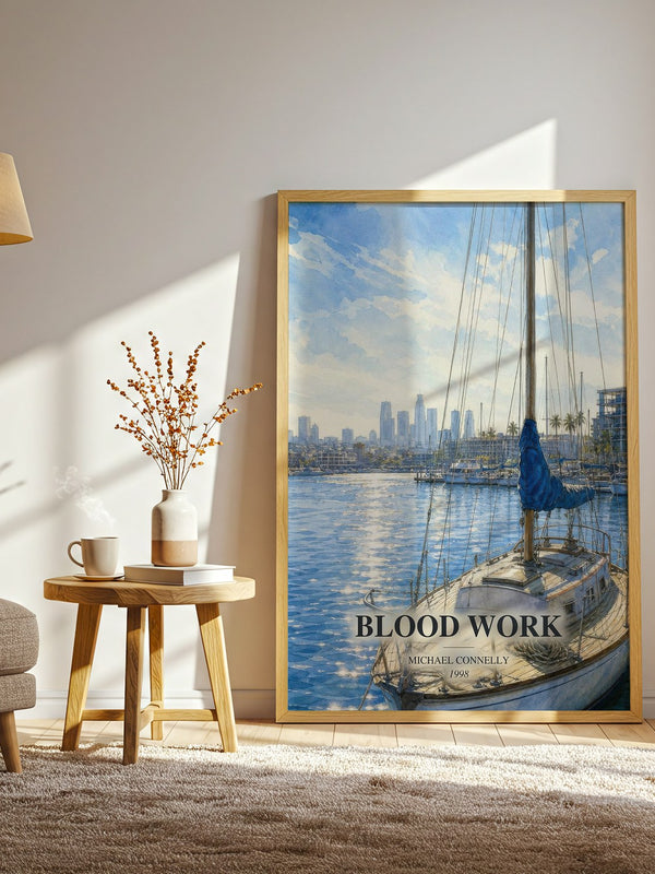 Blood Work watercolour print in frame leaning in hallway – crime wall art