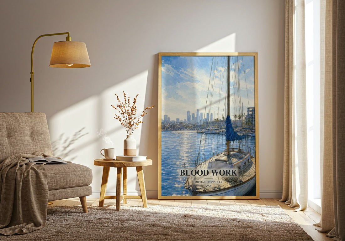 Blood Work watercolour print in frame leaning in hallway – crime wall art (mockup)