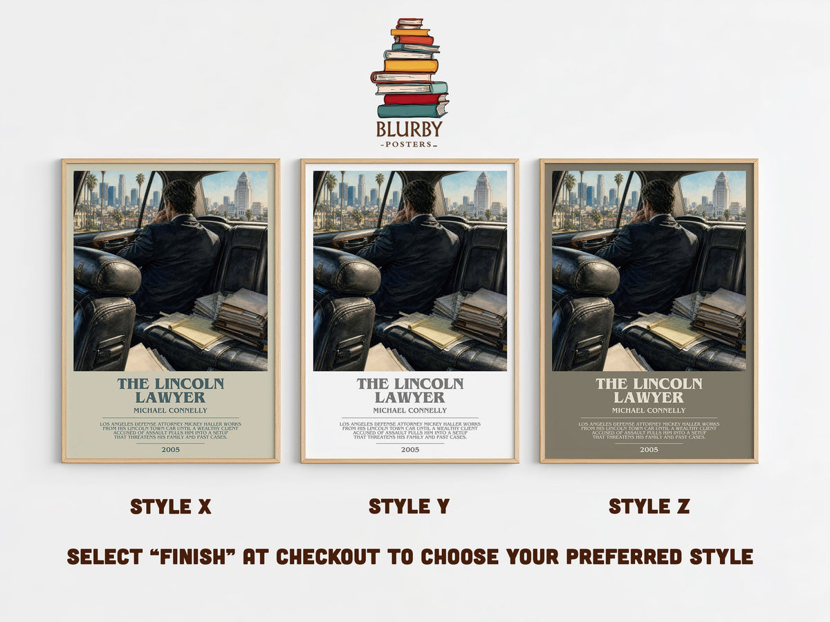 The Lincoln Lawyer bookish print in frame leaning in hallway – legal thriller wall art (mockup)