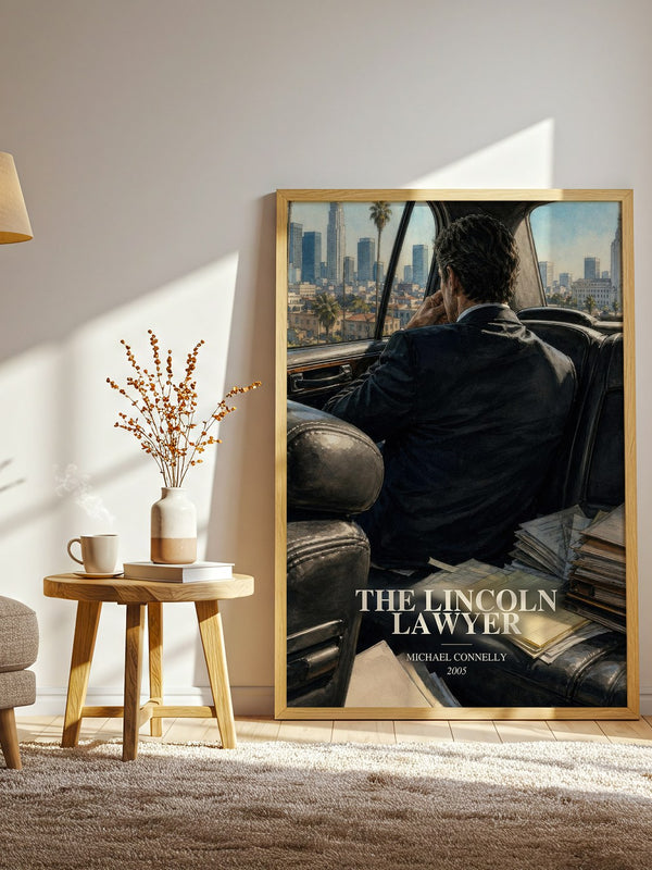 The Lincoln Lawyer watercolour print in frame leaning in hallway – legal thriller wall art