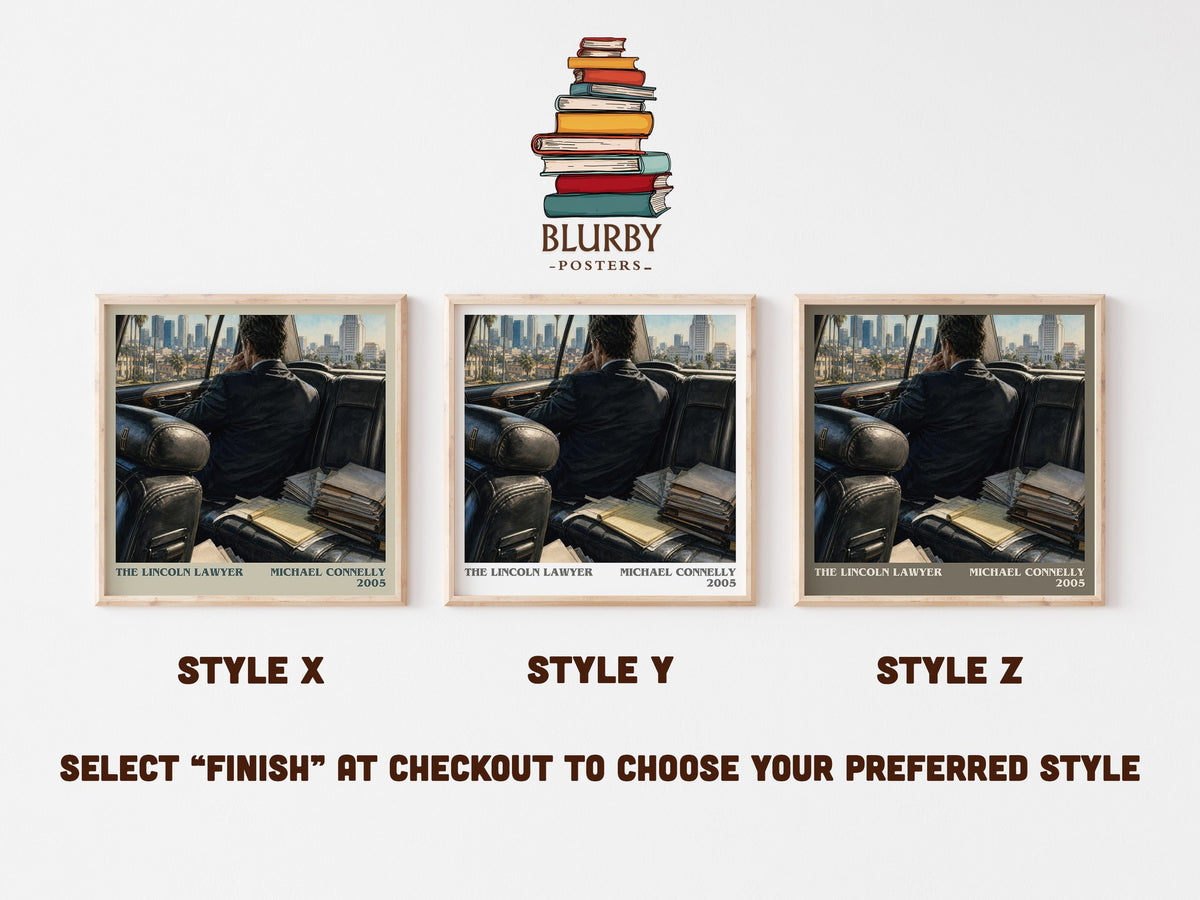 The Lincoln Lawyer literary print in frame leaning in hallway – legal thriller wall art (mockup)