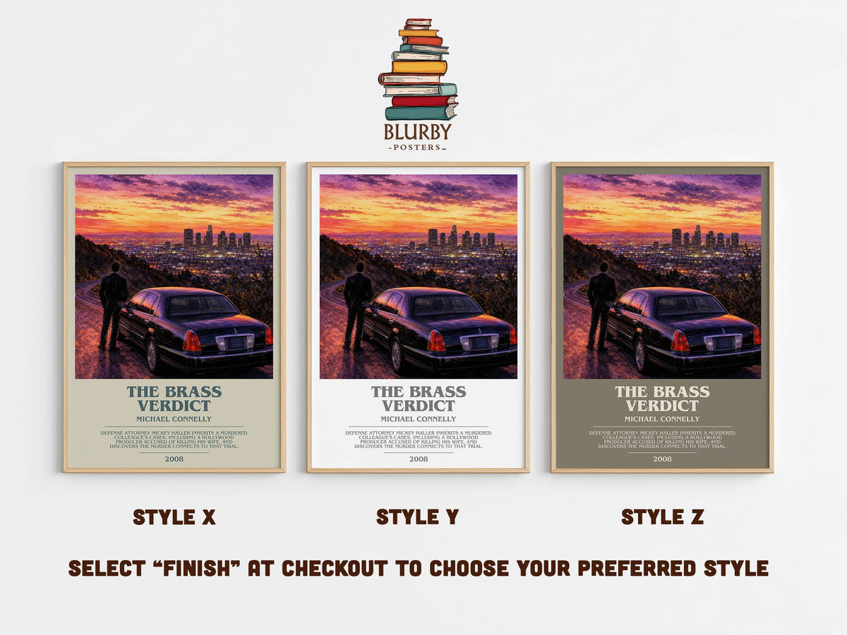 The Brass Verdict bookish print in frame leaning in hallway – legal thriller wall art (mockup)