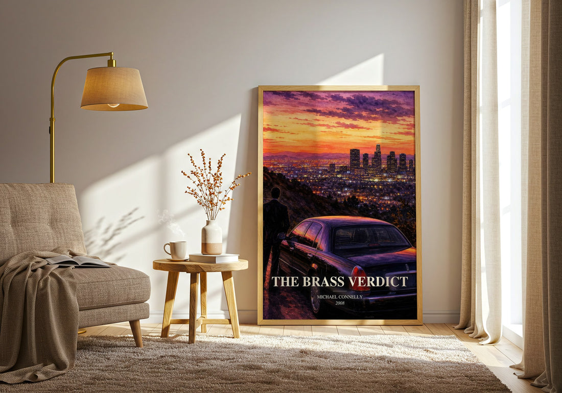 The Brass Verdict watercolour print in frame leaning in hallway – legal thriller wall art (mockup)