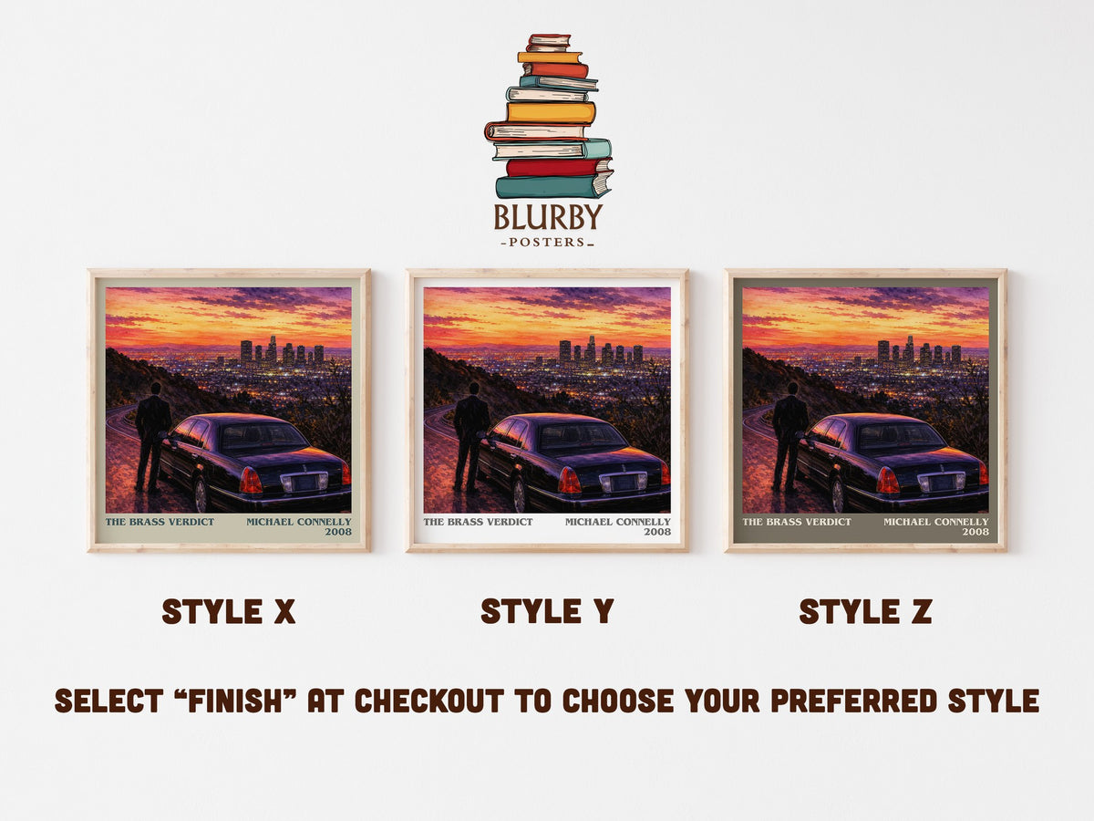 The Brass Verdict literary print in frame leaning in hallway – legal thriller wall art (mockup)