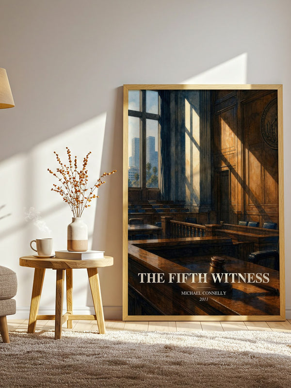 The Fifth Witness watercolour print in frame leaning in hallway – legal thriller wall art