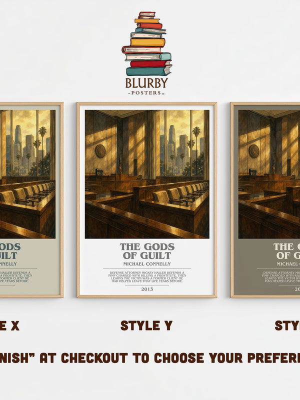 The Gods of Guilt bookish print in frame leaning in hallway – legal thriller wall art