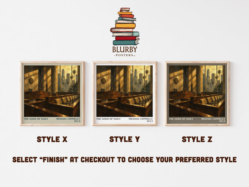 The Gods of Guilt literary print in frame leaning in hallway – legal thriller wall art