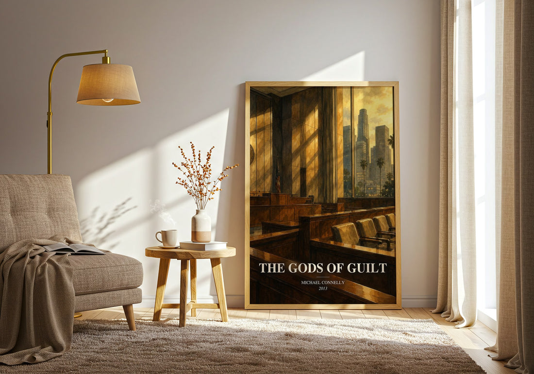 The Gods of Guilt watercolour print in frame leaning in hallway – legal thriller wall art (mockup)