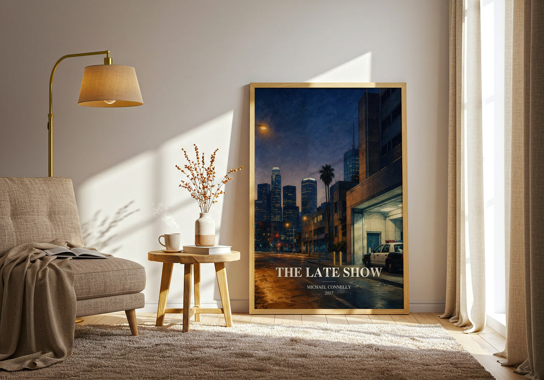 The Late Show watercolour print in frame leaning in hallway – crime wall art (mockup)