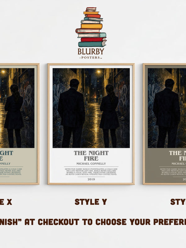 The Night Fire bookish print in frame leaning in hallway – crime wall art