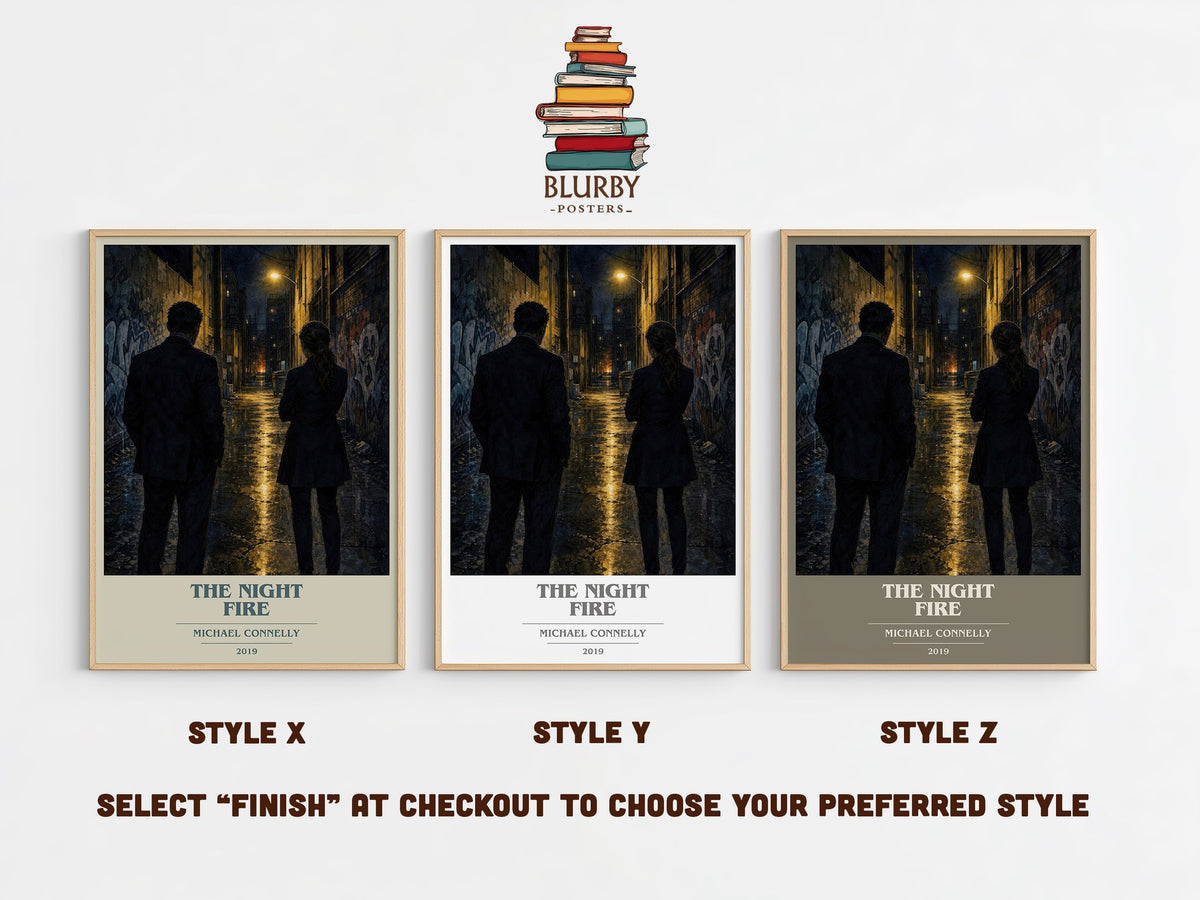 The Night Fire book cover print in frame leaning in hallway – crime wall art (mockup)