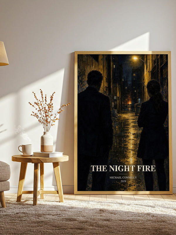 The Night Fire watercolour print in frame leaning in hallway – crime wall art