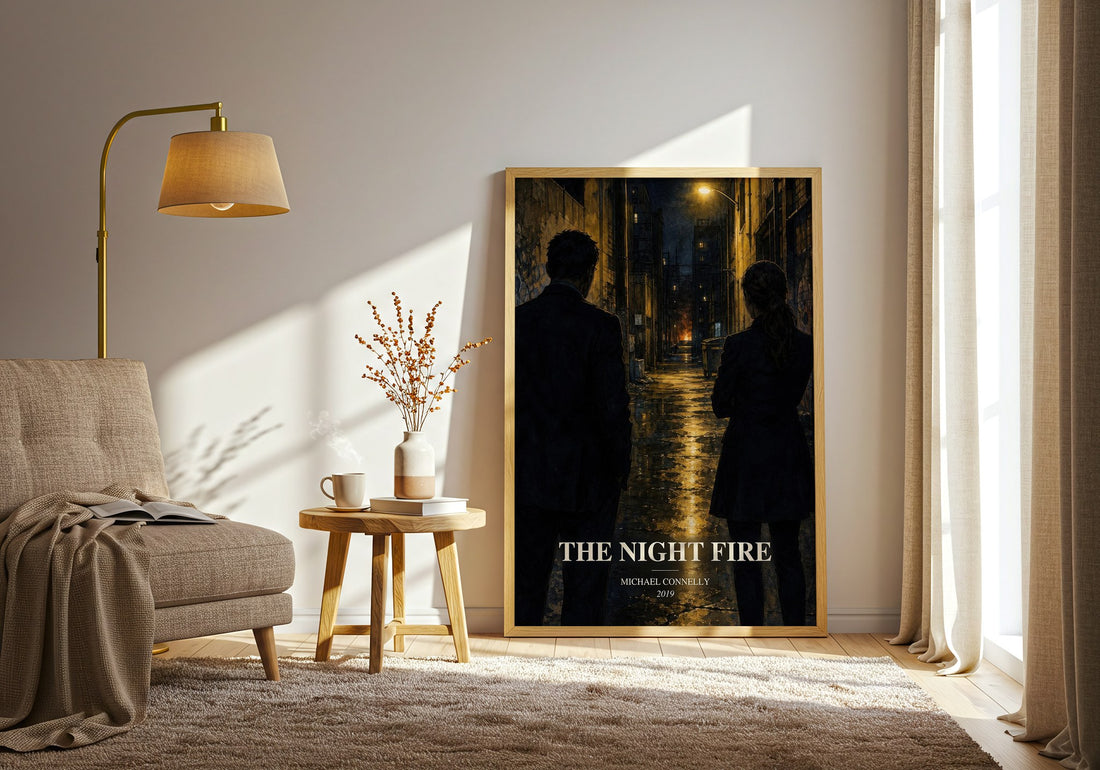 The Night Fire watercolour print in frame leaning in hallway – crime wall art (mockup)