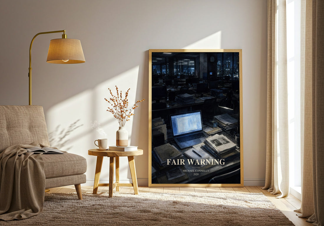 Fair Warning watercolour print in frame leaning in hallway – crime wall art (mockup)