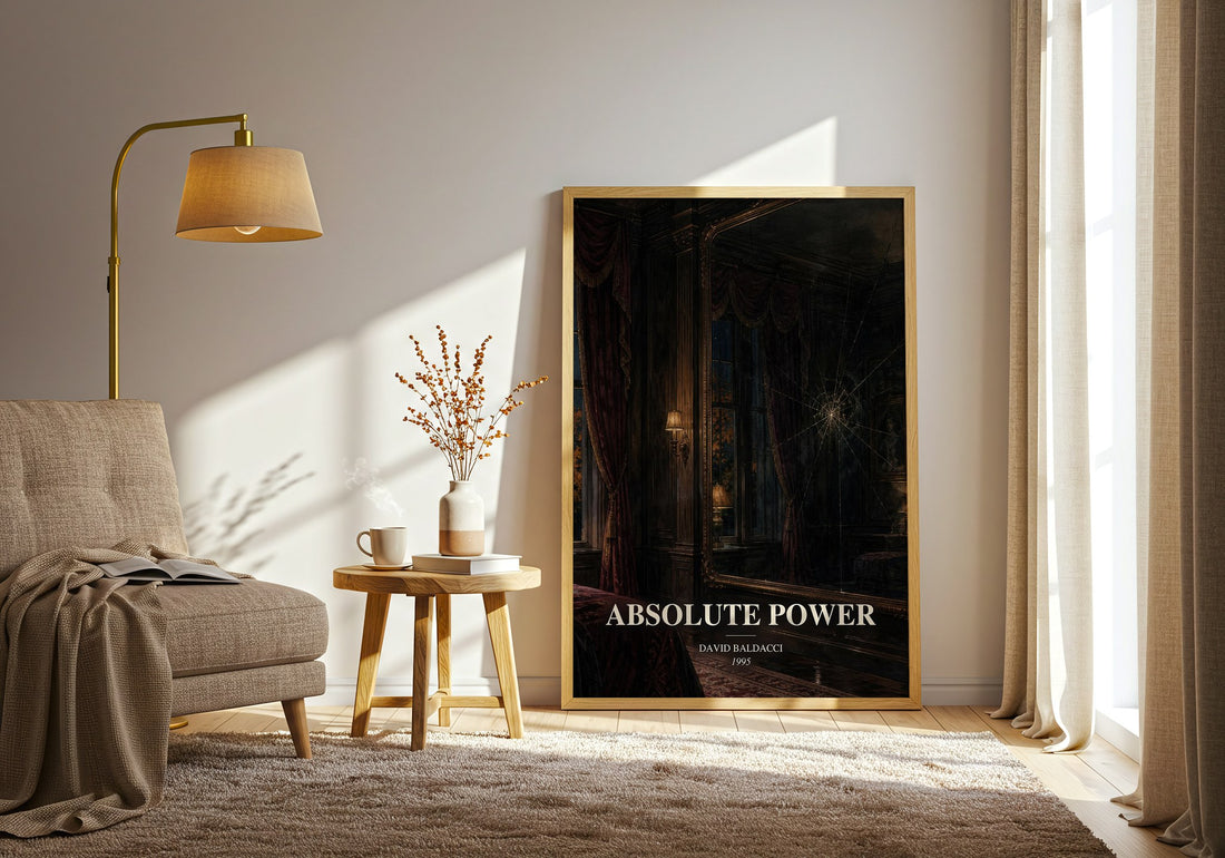 Absolute Power watercolour print in frame leaning in hallway – thriller wall art (mockup)