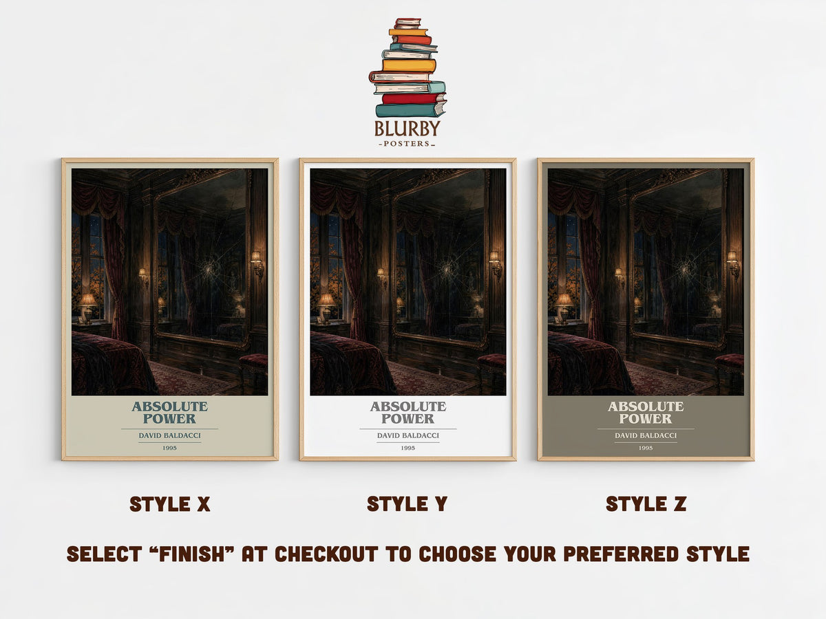 Absolute Power book cover print in frame leaning in hallway – thriller wall art (mockup)