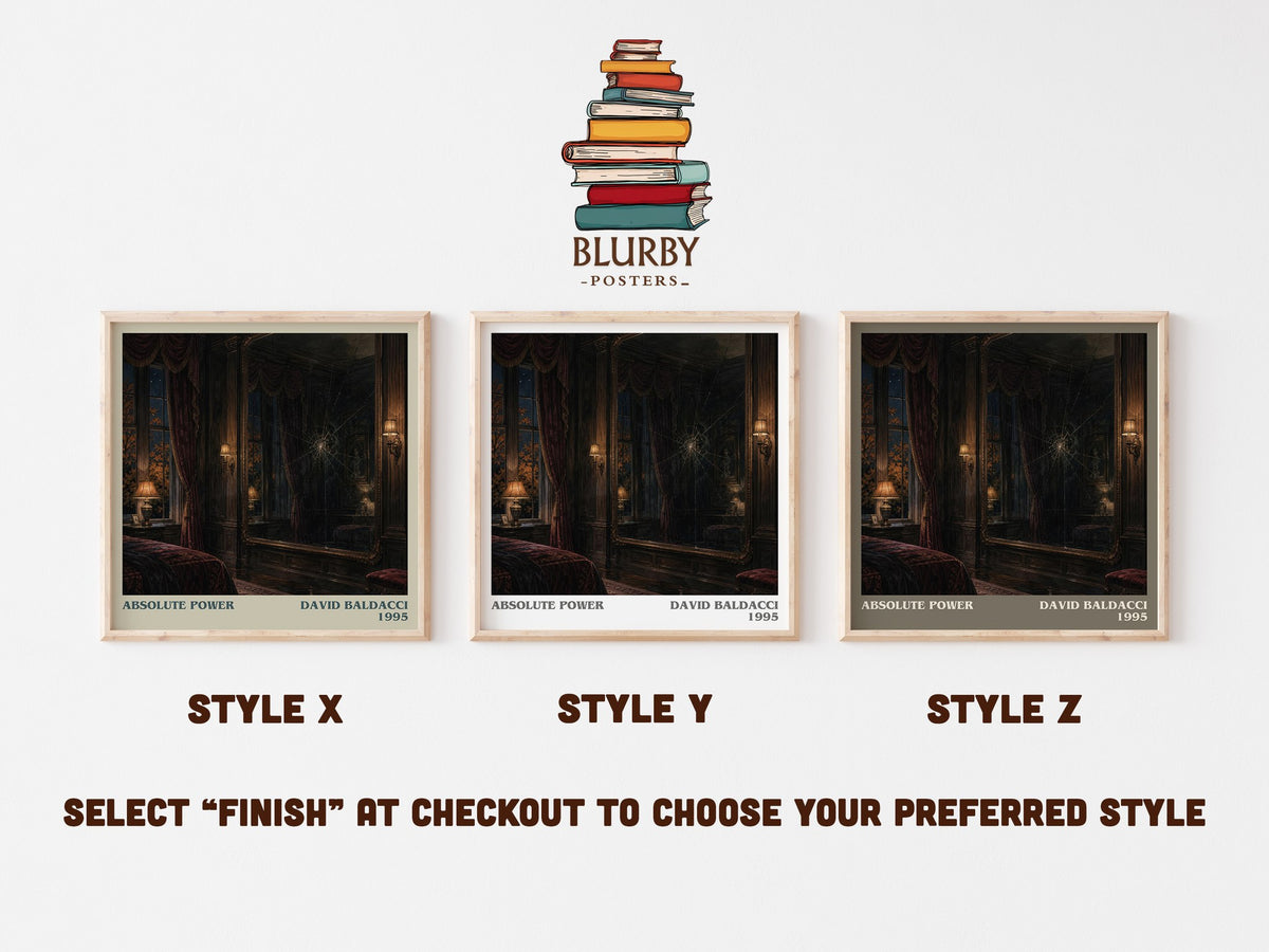 Absolute Power literary print in frame leaning in hallway – thriller wall art (mockup)