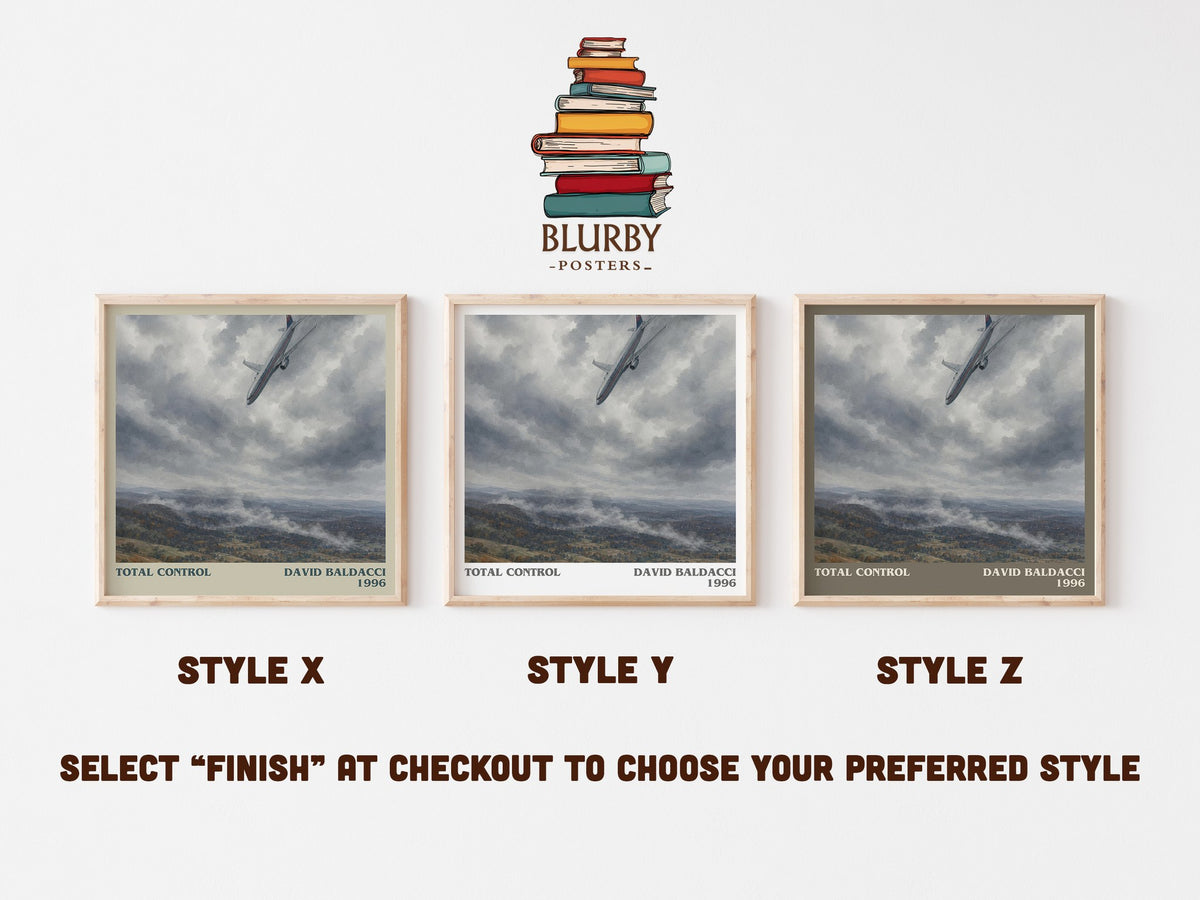 Total Control literary print in frame leaning in hallway – thriller wall art (mockup)