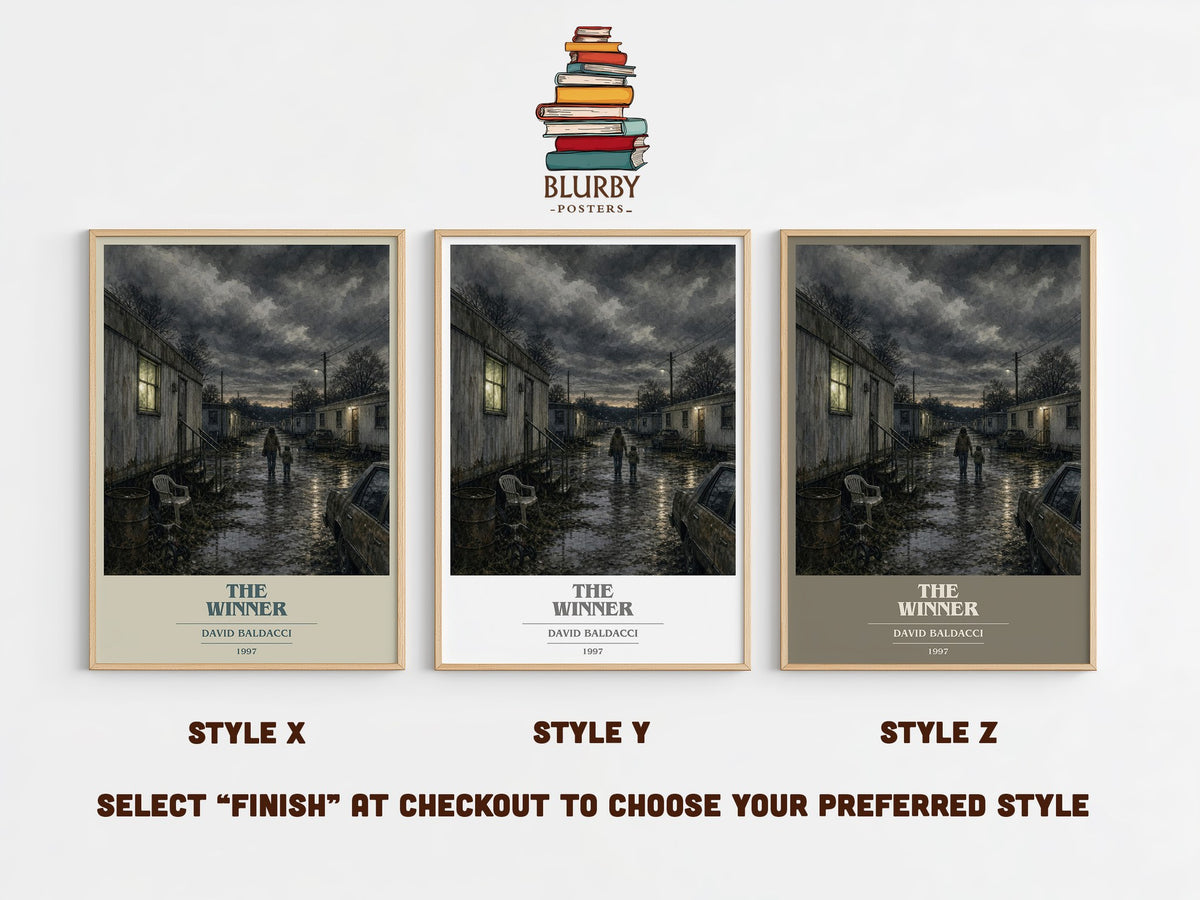 The Winner book cover print in frame leaning in hallway – thriller wall art (mockup)