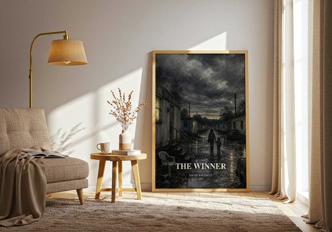 The Winner watercolour print in frame leaning in hallway – thriller wall art (mockup)