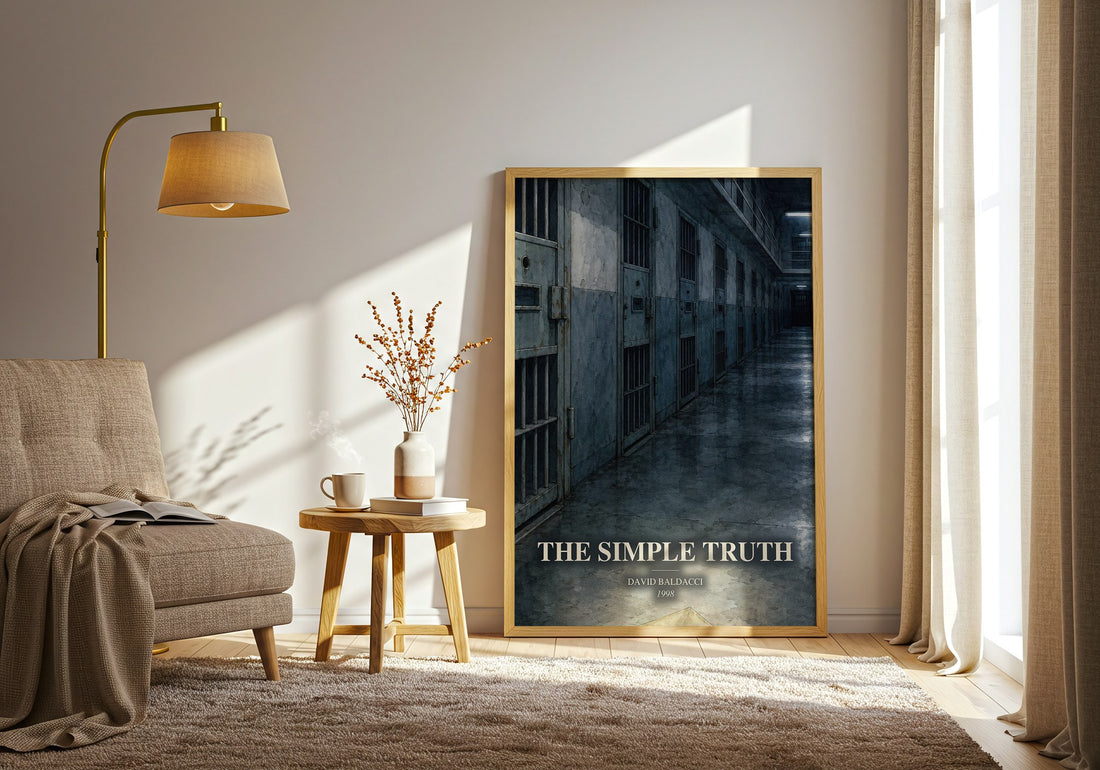 The Simple Truth watercolour print in frame leaning in hallway – legal thriller wall art (mockup)
