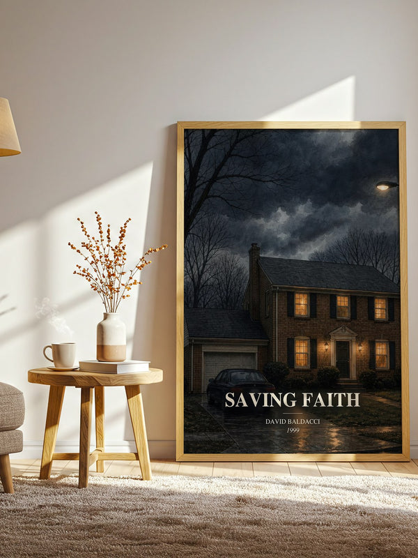 Saving Faith watercolour print in frame leaning in hallway – thriller wall art