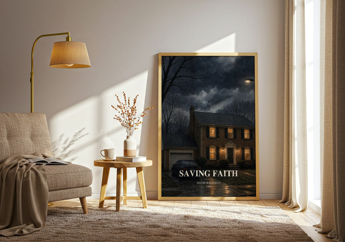 Saving Faith watercolour print in frame leaning in hallway – thriller wall art (mockup)