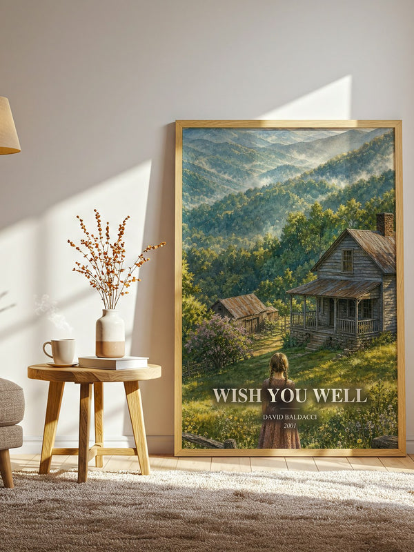 Wish You Well watercolour print in frame leaning in hallway – contemporary fiction wall art