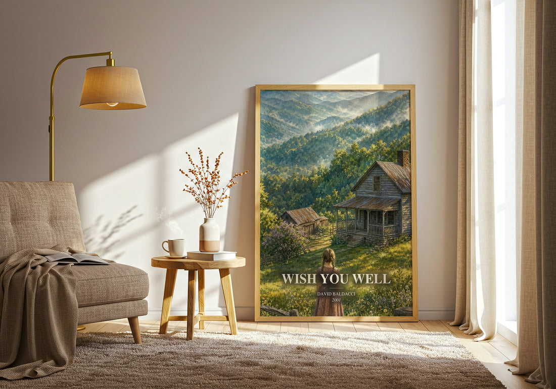 Wish You Well watercolour print in frame leaning in hallway – contemporary fiction wall art (mockup)