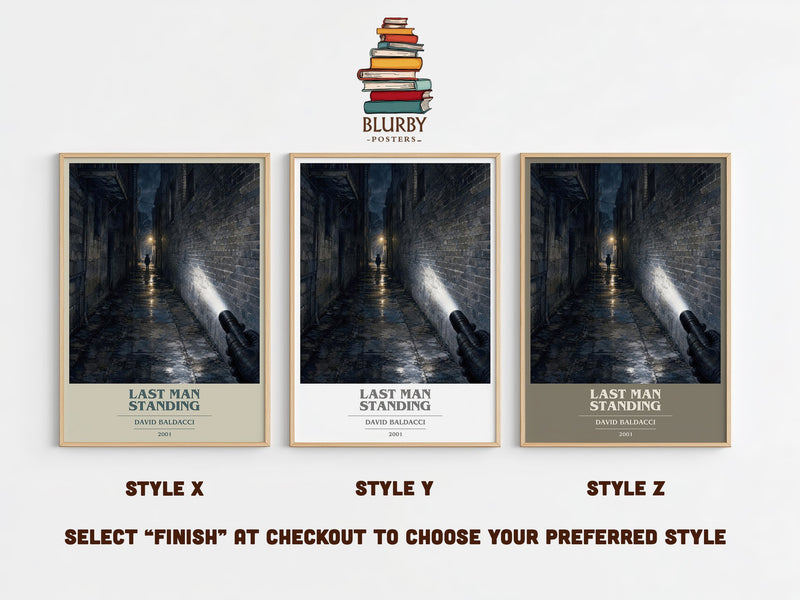 Last Man Standing book cover print in frame leaning in hallway – thriller wall art