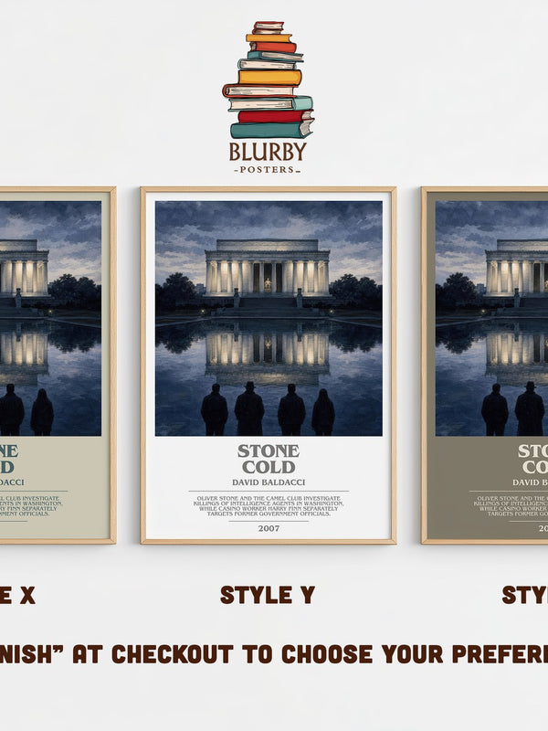 Stone Cold bookish print in frame leaning in hallway – thriller wall art