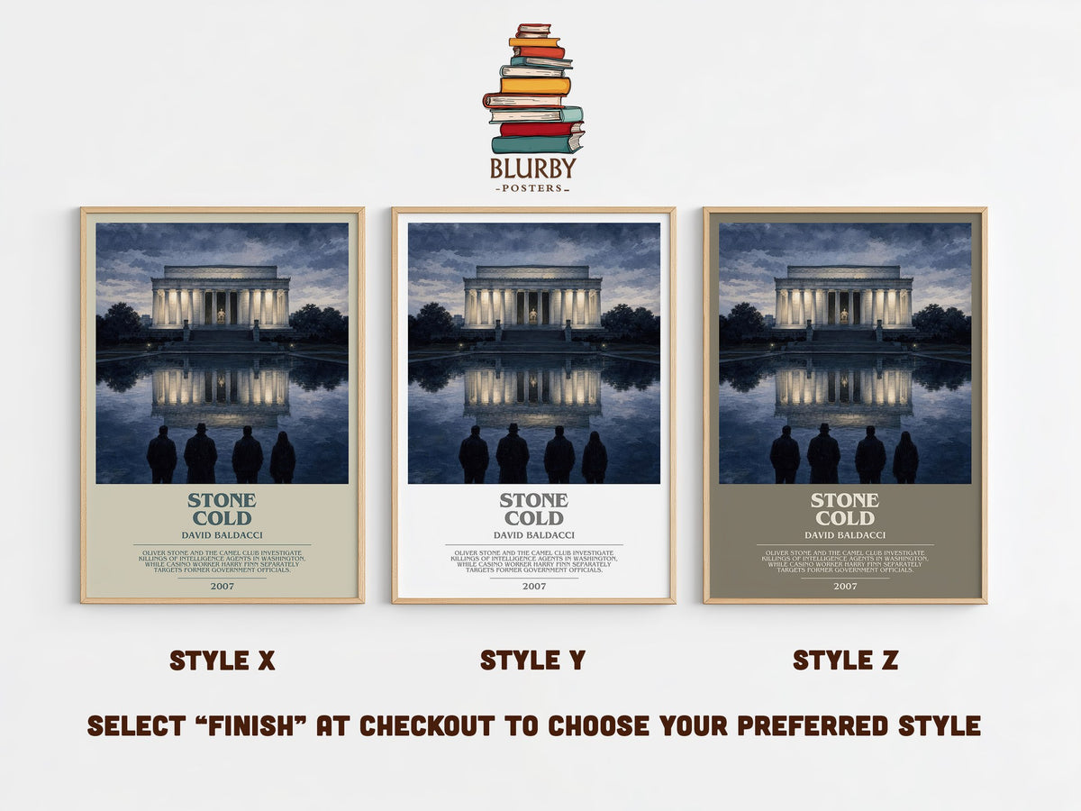 Stone Cold bookish print in frame leaning in hallway – thriller wall art (mockup)