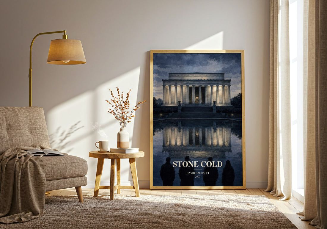 Stone Cold watercolour print in frame leaning in hallway – thriller wall art (mockup)