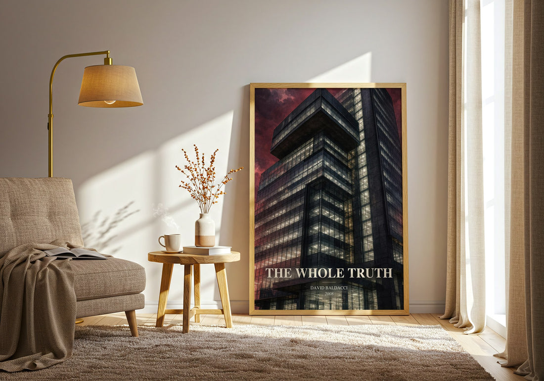 The Whole Truth watercolour print in frame leaning in hallway – thriller wall art (mockup)