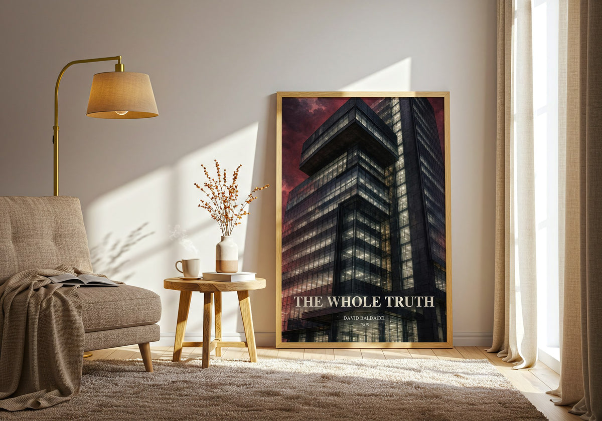 The Whole Truth watercolour print in frame leaning in hallway – thriller wall art (mockup)