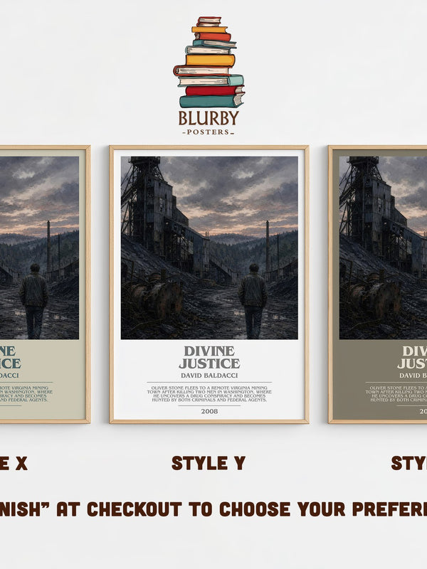 Divine Justice bookish print in frame leaning in hallway – thriller wall art