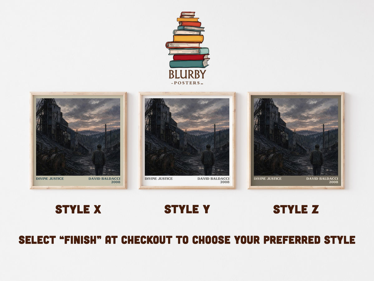 Divine Justice literary print in frame leaning in hallway – thriller wall art (mockup)