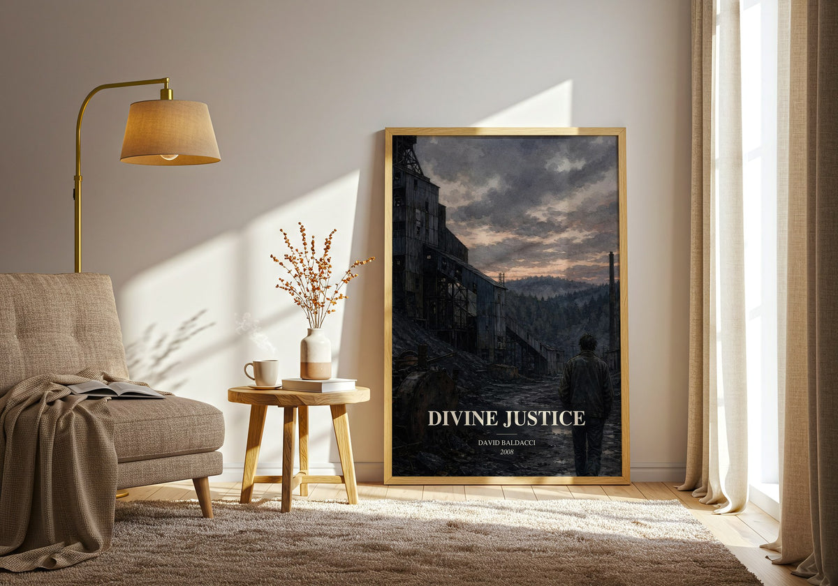 Divine Justice watercolour print in frame leaning in hallway – thriller wall art (mockup)
