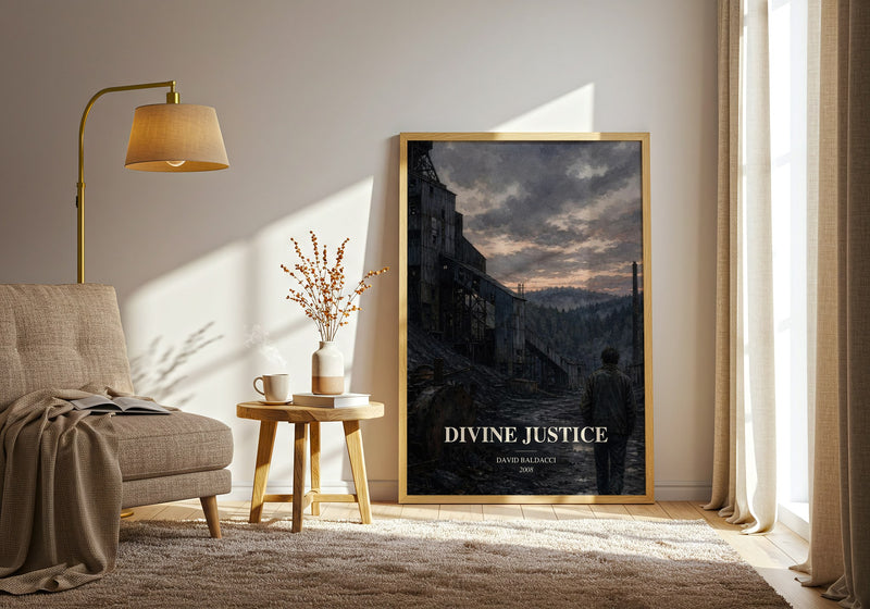 Divine Justice watercolour print in frame leaning in hallway – thriller wall art