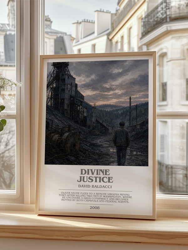 Divine Justice Bookish Wall Art by David Baldacci – framed print by a bright window